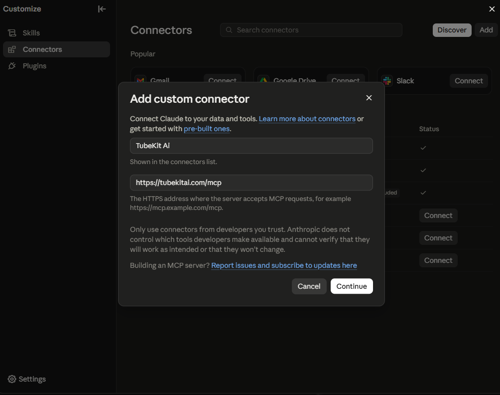 Name it, paste the server URL and click Continue.